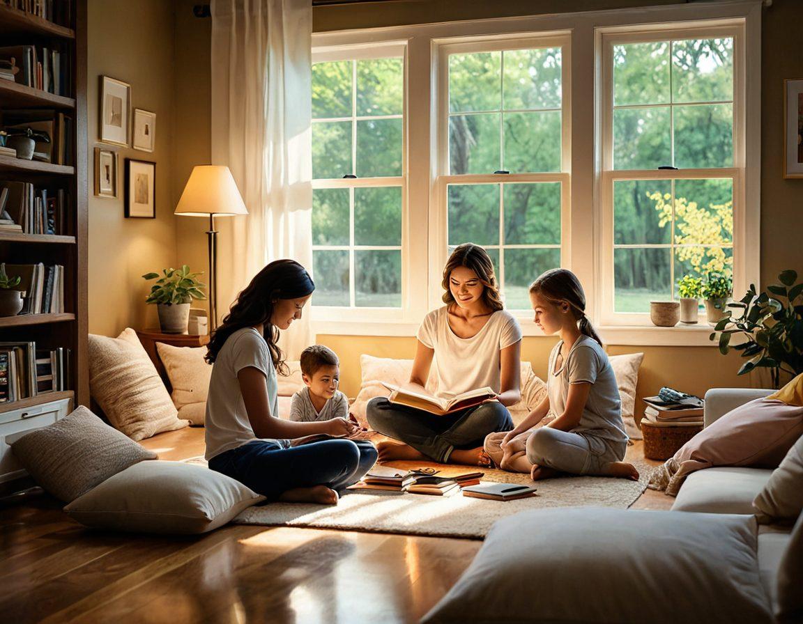 A serene family scene depicting parents engaging with their children in a warm, inviting home environment. Tools like books, art supplies, and calming games are scattered around, symbolizing emotional well-being and creativity. A soft, glowing light filters through the windows, creating a sense of warmth and connection. Include gentle expressions of joy and support among family members. super-realistic. vibrant colors. soft lighting.