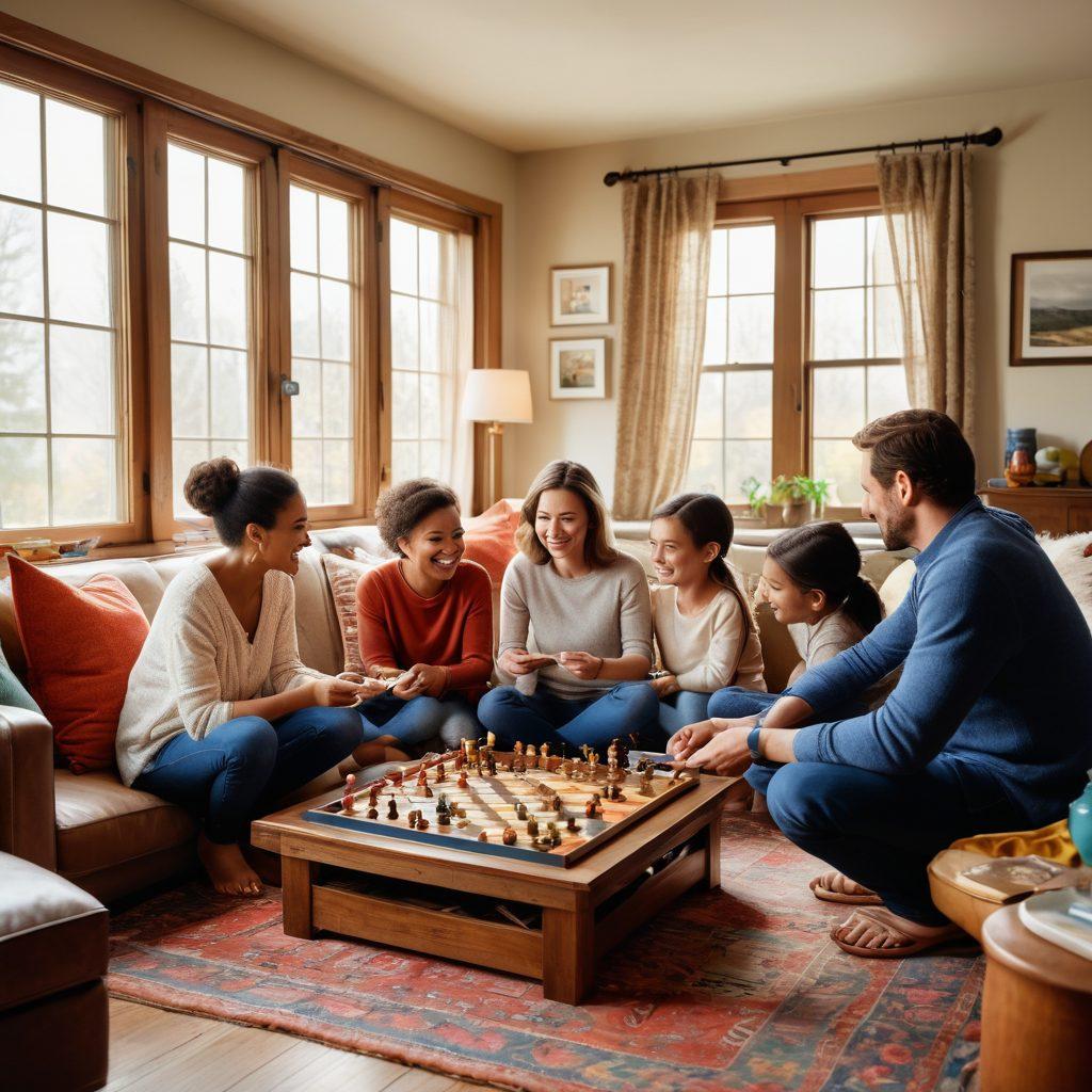 A warm, inviting family gathering scene in a cozy living room, depicting diverse family members engaged in various bonding activities like playing board games, sharing a meal, and storytelling. Soft natural light streaming through large windows, highlighting laughter and joy. Subtle elements representing essential resources for nurturing relationships like books and tools for communication. The atmosphere radiates love and connection. super-realistic. vibrant colors. cozy interior.